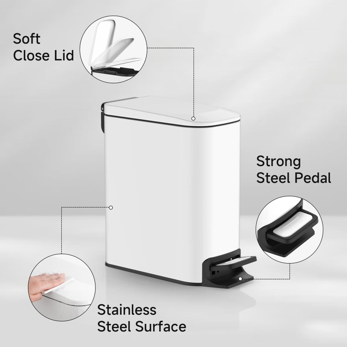 TIPGO Slim Bathroom Trash Can with Lid Soft Close, Step Pedal, 6 Liter / 1.6 Gallon Stainless Steel Garbage Can with Removable Inner Bucket, Anti-Fingerprint Finish (White) thumbnail 3