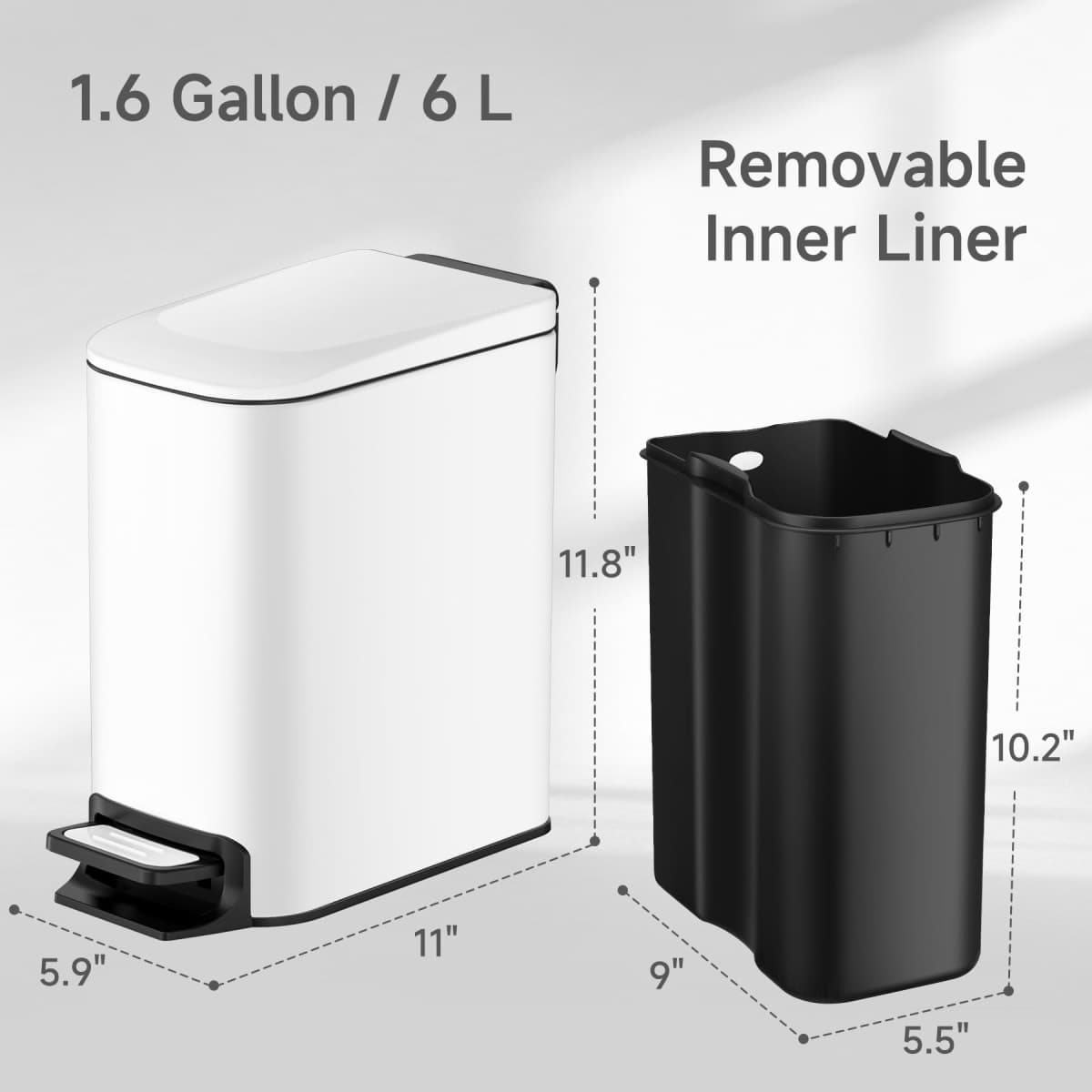 TIPGO Slim Bathroom Trash Can with Lid Soft Close, Step Pedal, 6 Liter / 1.6 Gallon Stainless Steel Garbage Can with Removable Inner Bucket, Anti-Fingerprint Finish (White) thumbnail 5