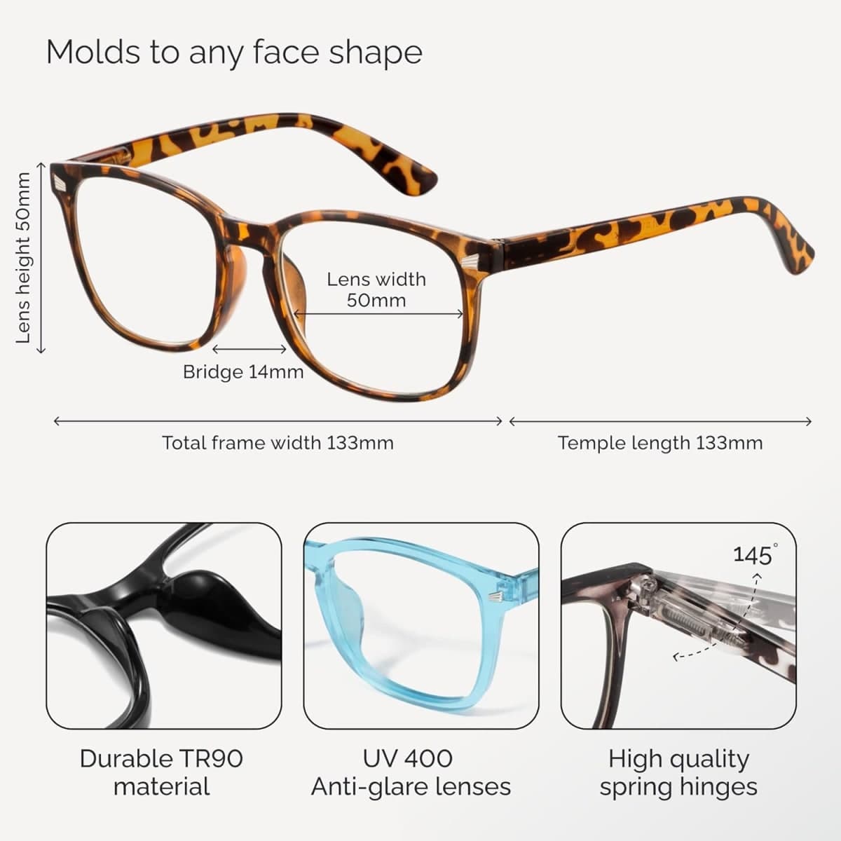 CCVOO Reading Glasses with Blue Light Filtering for Woman and Men, Computer Readers Fashion Eyeglasses (Leopard + Tortoise + Black + Clear + Blue, 0.75) thumbnail 5