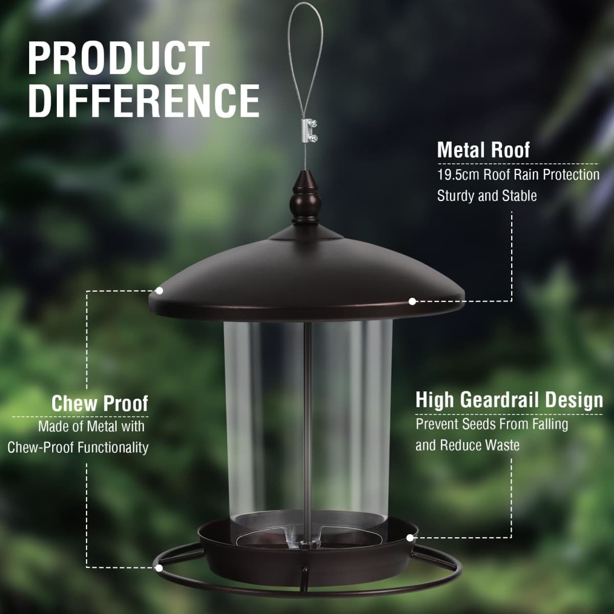 Metal Bird Feeder for Outdoors Hanging,3.0LB Seed Feeder,Easy to Fill & Clean,360° Feeding,Weatherproof Roof for Gardens and Wild Birds,Brown thumbnail 2