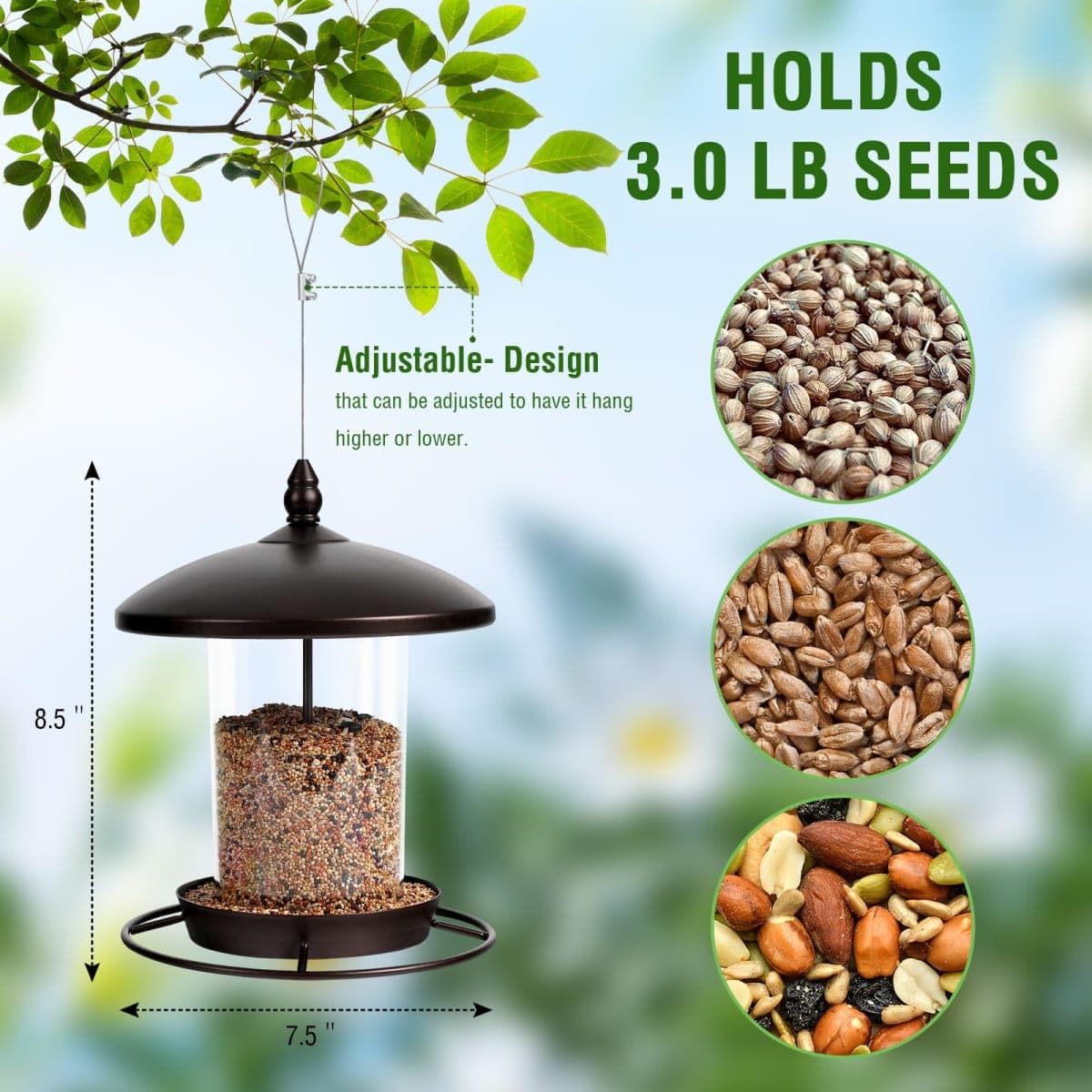 Metal Bird Feeder for Outdoors Hanging,3.0LB Seed Feeder,Easy to Fill & Clean,360° Feeding,Weatherproof Roof for Gardens and Wild Birds,Brown thumbnail 4