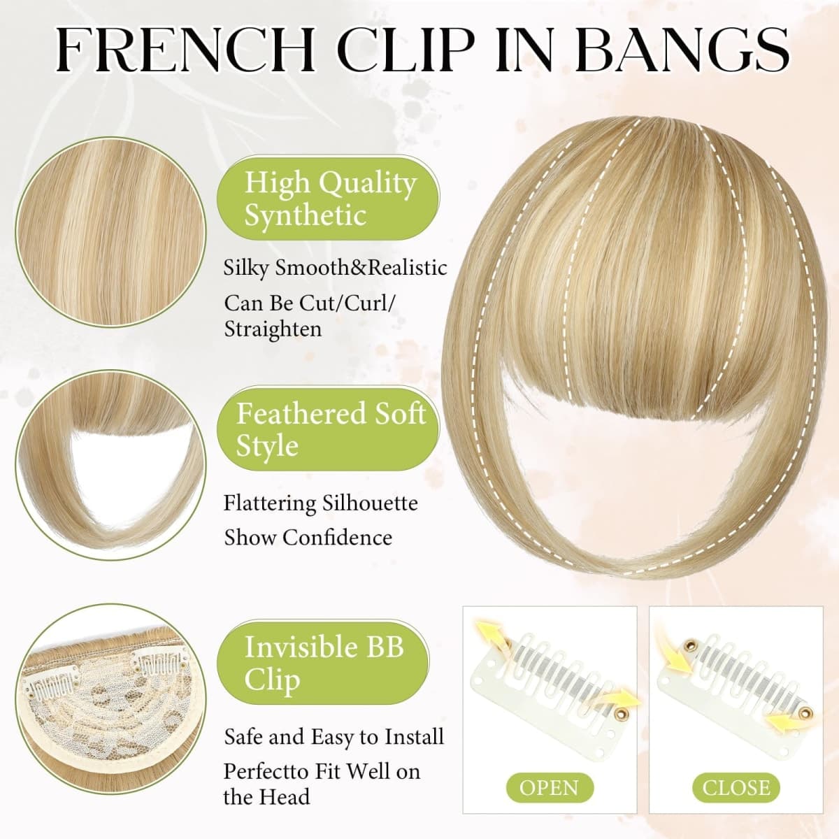 Fanguilar Bangs Hair Clip in Bangs, French Light Blonde Mix Bleach Blonde Fake Bangs Hair Clip on Bangs for Women Fringe with Temples Hairpieces Faux Bangs for Daily Wear thumbnail 4