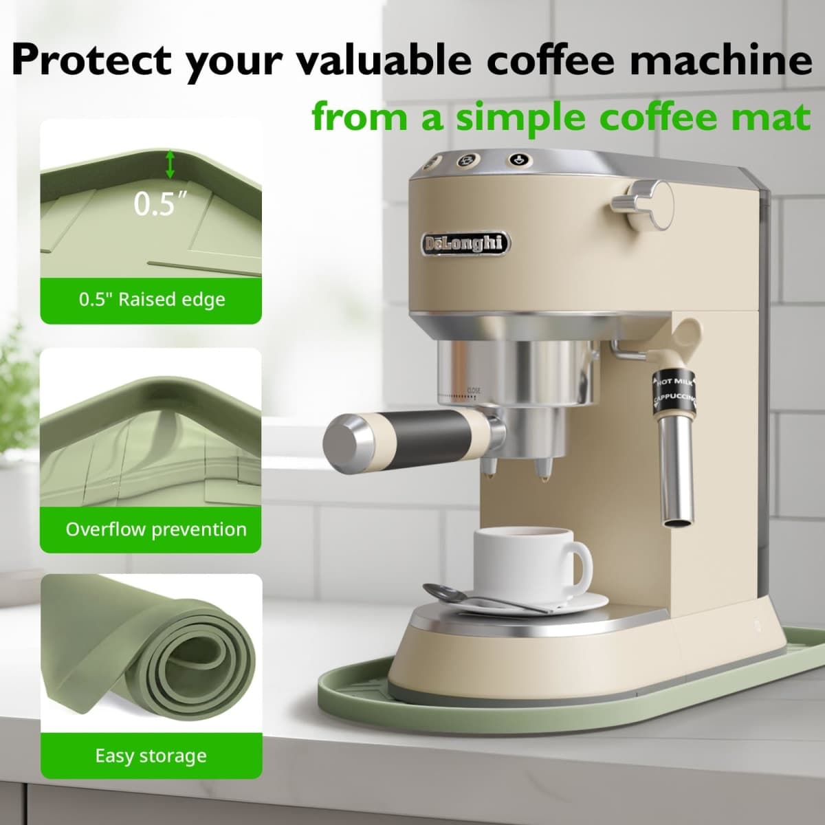KVRG Silicone Coffee Mat,15.8"x 11.8"in Bar Mat for Countertop,Heat-Resistant,Non-Slip,Leak-Proof,Fit for Coffee Maker/Espresso Machine-Green thumbnail 5