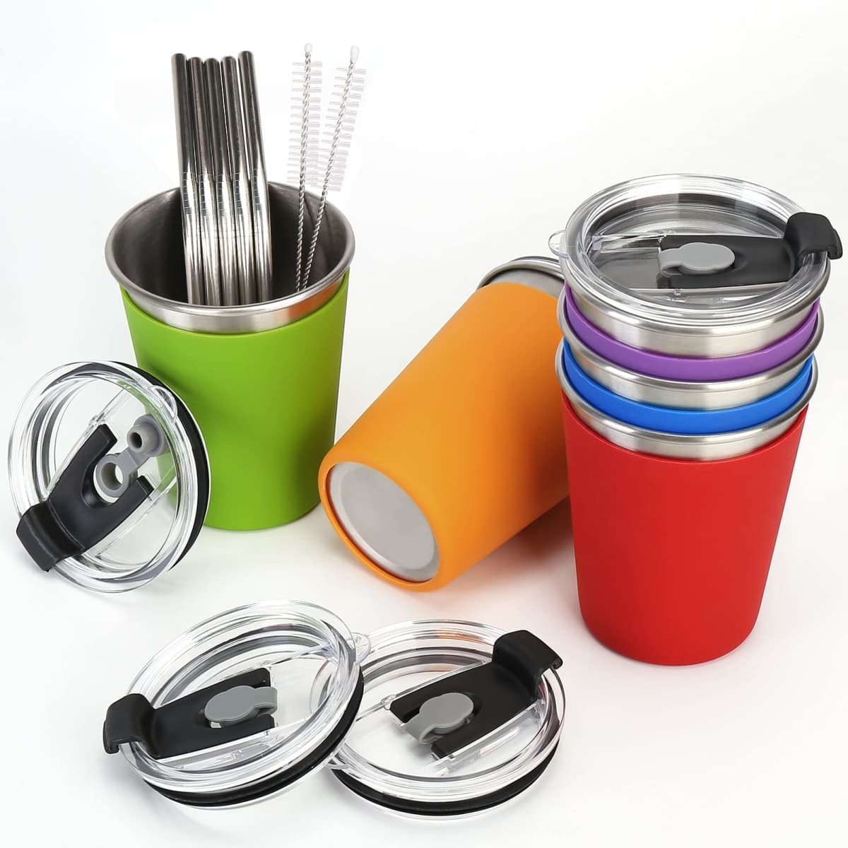 Stainless Steel Cups, 5pack Kids Cups with Spill Proof Lids, Stainless Steel Straws and Colorful Silicone Sleeves, 12oz Unbreakable Kids Metal Cups for Cold & Hot Drinks, Apply for Adults & Children thumbnail 4