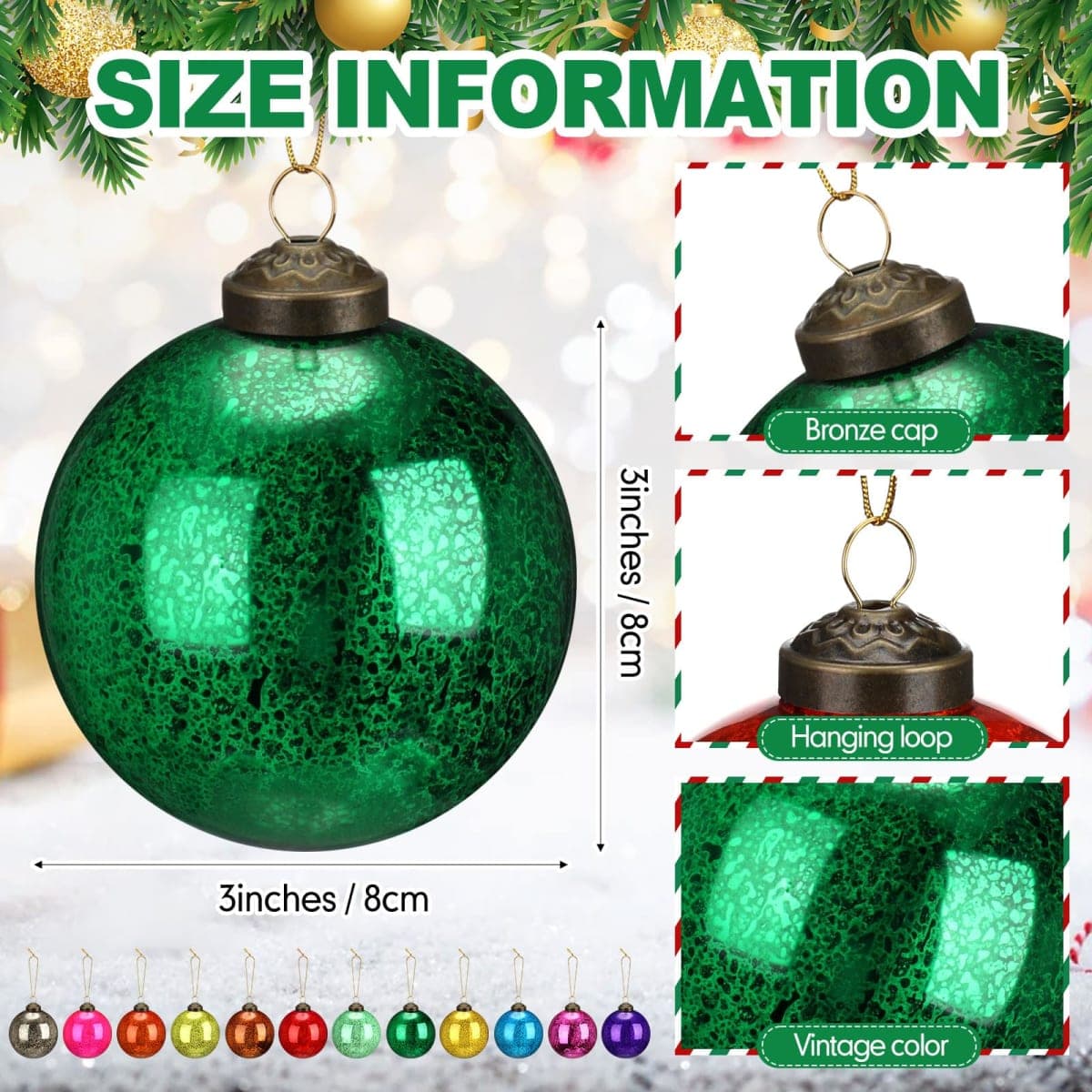Soulchen 12 Pack Vintage Christmas Ball Ornaments 3'' Christmas Decorative Glass Balls Multicolor Xmas Tree Ornaments Hanging Mercury Glass Decoration for Home Holiday Wedding Party Supplies thumbnail 2