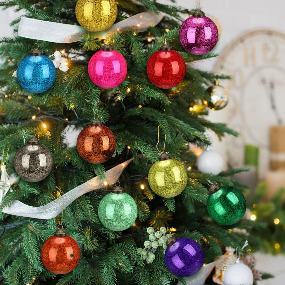 Soulchen 12 Pack Vintage Christmas Ball Ornaments 3'' Christmas Decorative Glass Balls Multicolor Xmas Tree Ornaments Hanging Mercury Glass Decoration for Home Holiday Wedding Party Supplies thumbnail 5