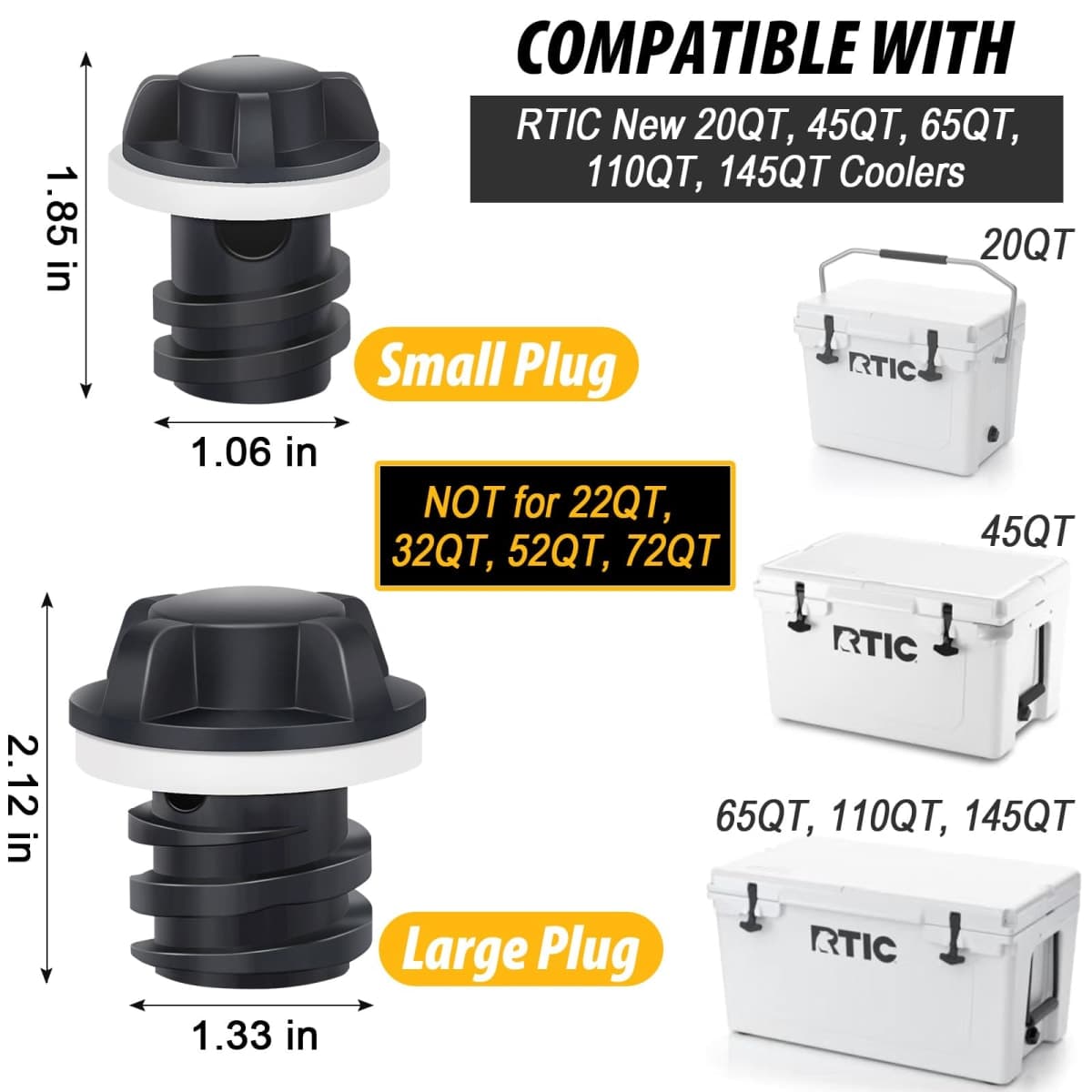 Cooler Drain Plug for RTIC Coolers, 2 Pack Large & Small Replacement Plugs Compatible with RTIC 20QT, 45QT, 65QT Coolers with New 2 Drains, Ice Chest Plug for RTIC thumbnail 2