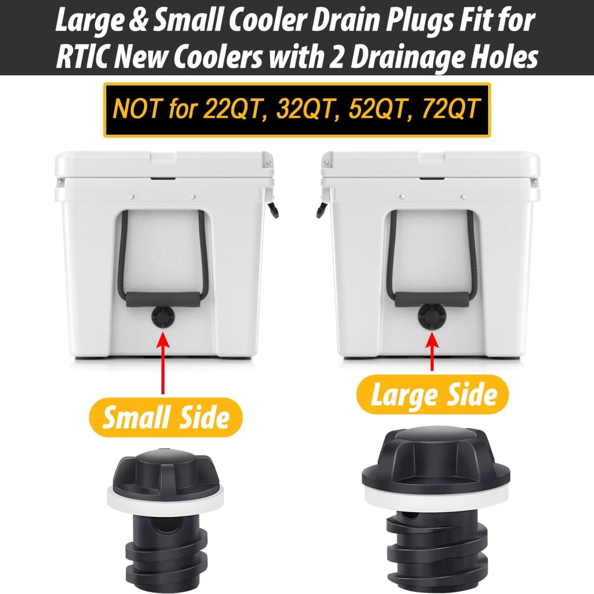 Cooler Drain Plug for RTIC Coolers, 2 Pack Large & Small Replacement Plugs Compatible with RTIC 20QT, 45QT, 65QT Coolers with New 2 Drains, Ice Chest Plug for RTIC thumbnail 3
