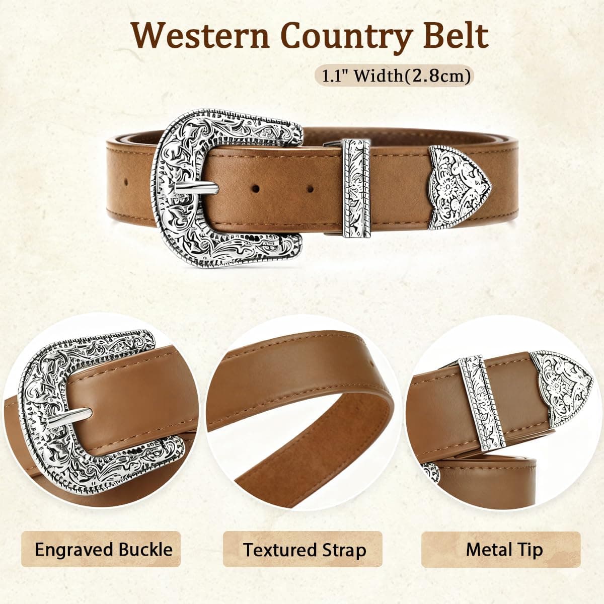 QIQILUXI Western Belt for Women Men Cowboys Cowgirls Carving Buckles Belts for Jeans Pants, Khaki-silver Buckle, Fit waist size: 27–30 inch thumbnail 4