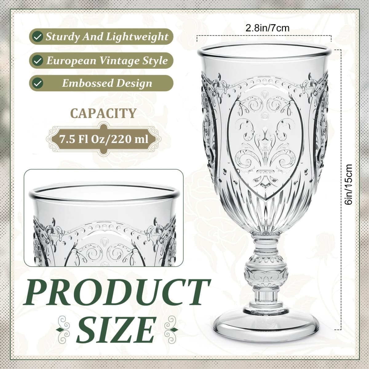 Wiwiqing 48 Packs Vintage Wine Goblet Colored Water Goblets Plastic Wine Glasses Retro Embossed Glassware Water Goblets for Wine Bar Juice Baby Shower Wedding Reception Grand Event Party (Clear) thumbnail 2