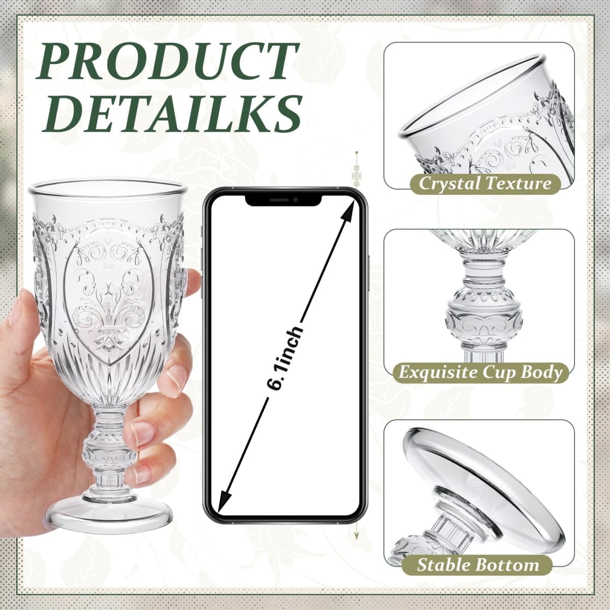 Wiwiqing 48 Packs Vintage Wine Goblet Colored Water Goblets Plastic Wine Glasses Retro Embossed Glassware Water Goblets for Wine Bar Juice Baby Shower Wedding Reception Grand Event Party (Clear) thumbnail 3