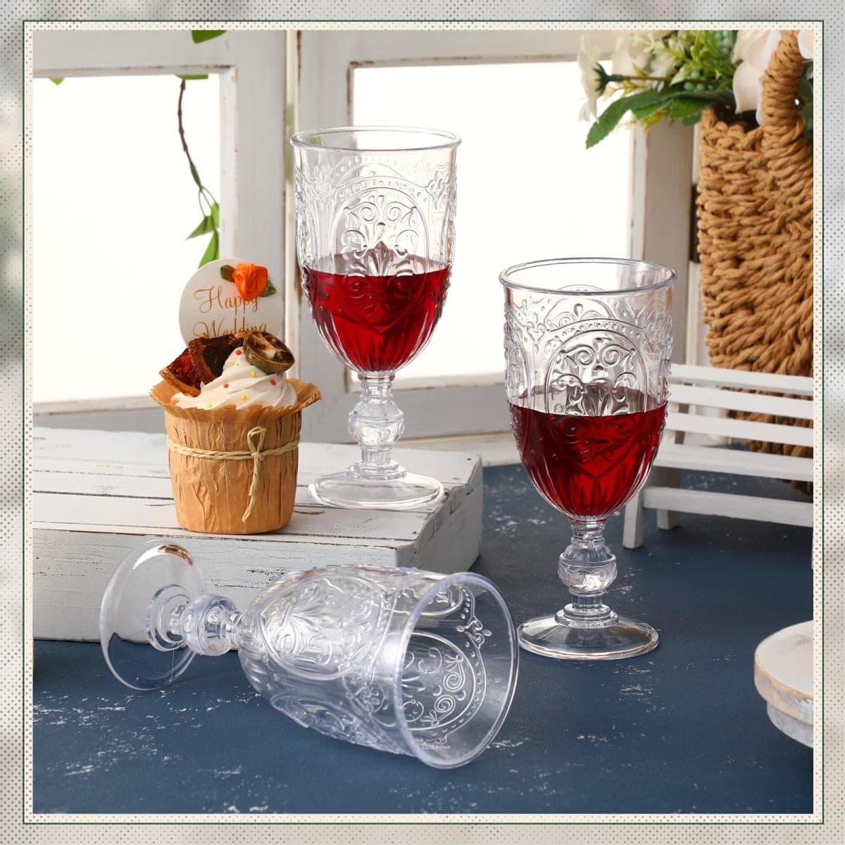 Wiwiqing 48 Packs Vintage Wine Goblet Colored Water Goblets Plastic Wine Glasses Retro Embossed Glassware Water Goblets for Wine Bar Juice Baby Shower Wedding Reception Grand Event Party (Clear) thumbnail 4