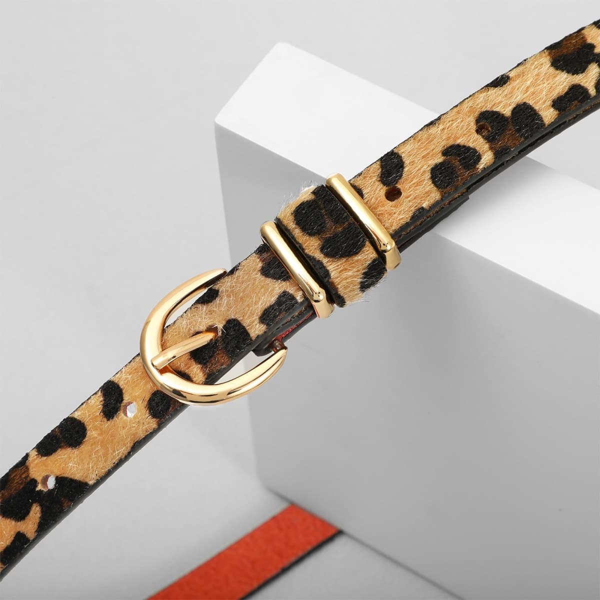 VONMELLI Womens Skinny Leather Belt Thin Waist Belts for Women Fashion Dress Jeans with Gold Buckle, Leopard, Fit waist size 33-37" thumbnail 4