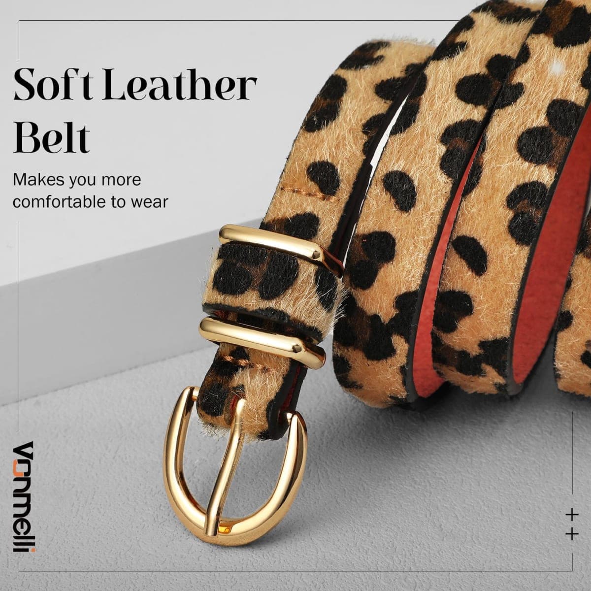 VONMELLI Womens Skinny Leather Belt Thin Waist Belts for Women Fashion Dress Jeans with Gold Buckle, Leopard, Fit waist size 33-37" thumbnail 5