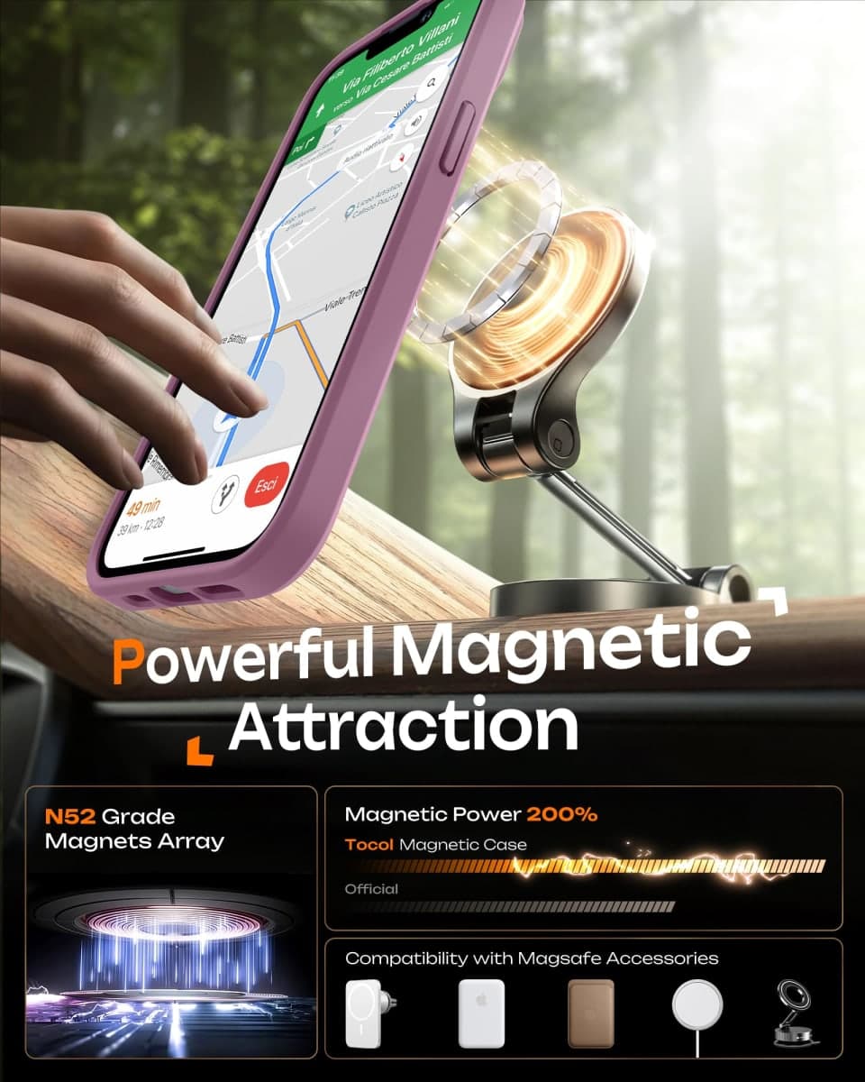 TOCOL Magnetic for iPhone 13 Case, Upgraded Full Camera Protection, Compatible with Magsafe, 15FT Drop Protection, Translucent Matte Back Phone Cover 6.1 inch (Lilac Purple) thumbnail 4