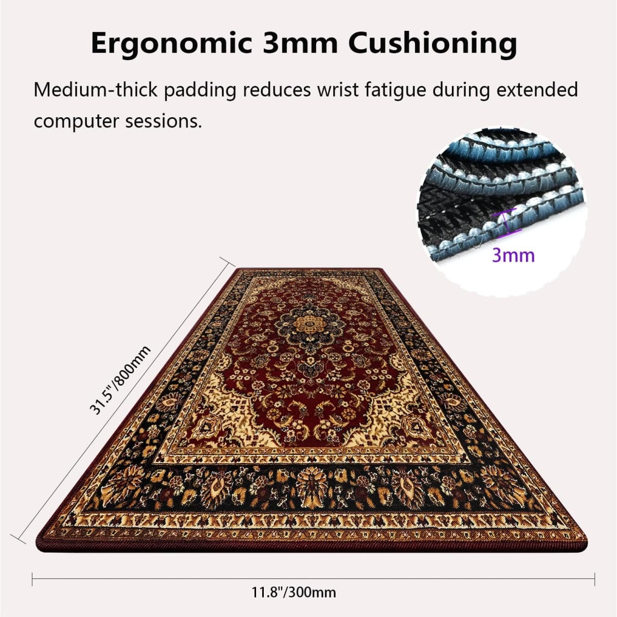 knseva. Large Gaming Mouse Pad with Stitched Edges - Vintage Oriental Persian Floral, Retro Classic Flowers Design Red Black Beige, Anti-Slip Rubber Base & Smooth Fabric Surface XXL Extended Desk Mat thumbnail 2