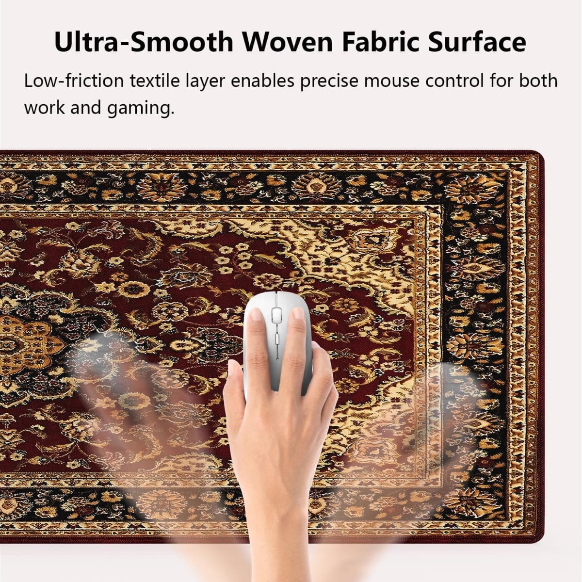 knseva. Large Gaming Mouse Pad with Stitched Edges - Vintage Oriental Persian Floral, Retro Classic Flowers Design Red Black Beige, Anti-Slip Rubber Base & Smooth Fabric Surface XXL Extended Desk Mat thumbnail 4