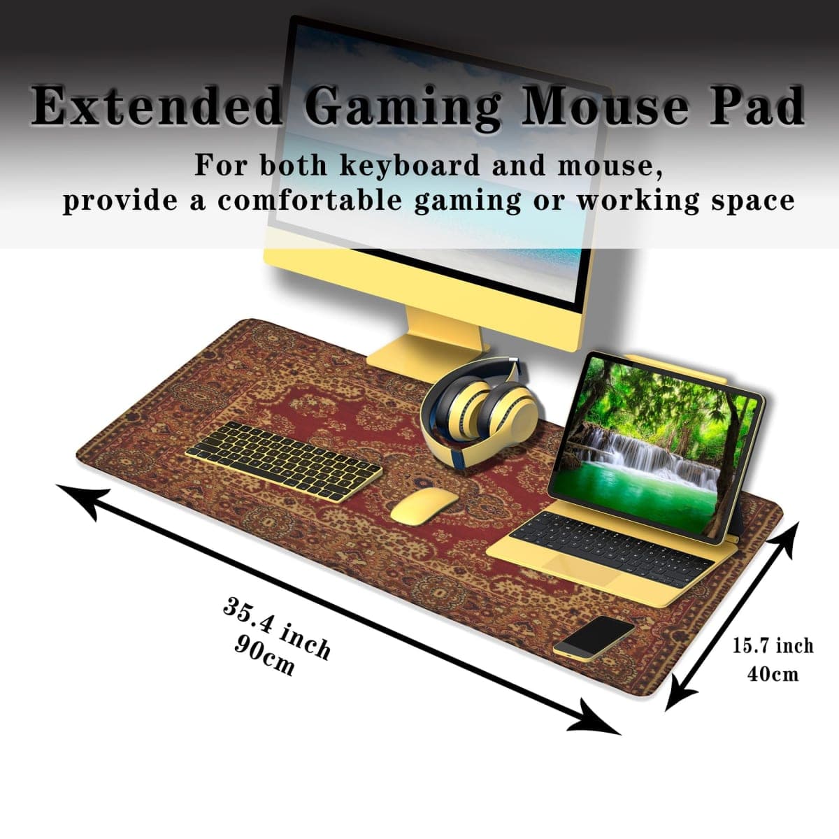 Samgula Gaming Mouse Pad Retro Boho, Large Mousepad Office Desk Mat, Work Desk Mat Non-Slip Rubber Base Waterproof with Stitched Edges, 35.4 X 15.7 inch for Work/Game/Office/Home Vintage Bohemian thumbnail 3