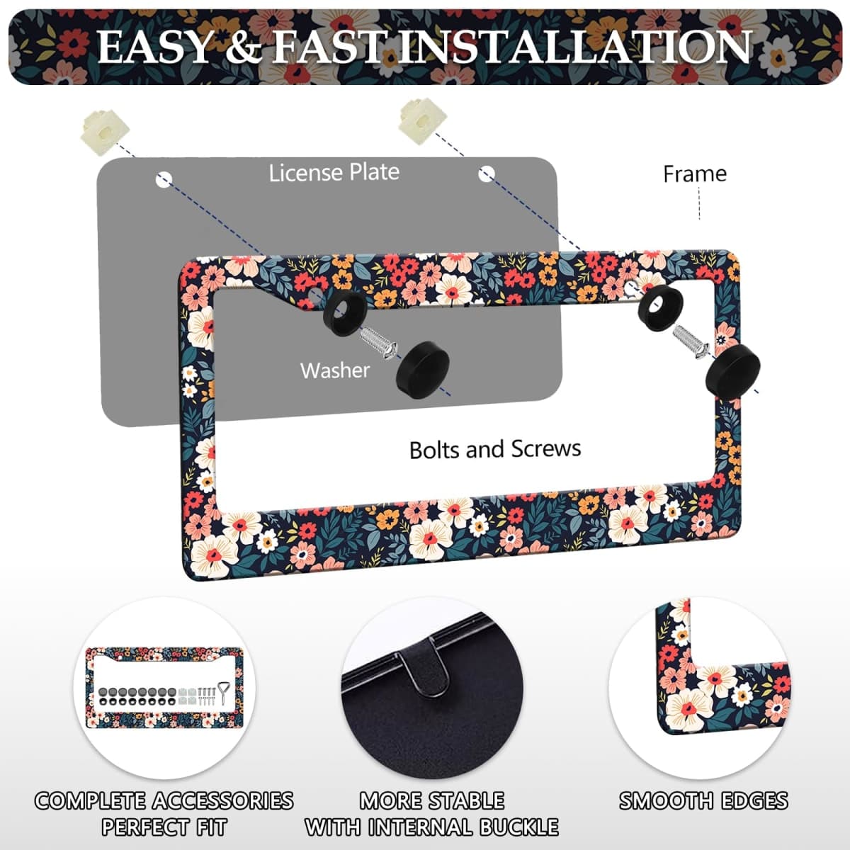 LIN KANG Folk Floral License Plate Frames - 2 Pack Colorful Flowers Aluminum Metal License Plate Holder Covers Car Accessory,Rust-Proof Waterproof Car Decorative Tag Frames for Standard US 12x6 Inch thumbnail 3