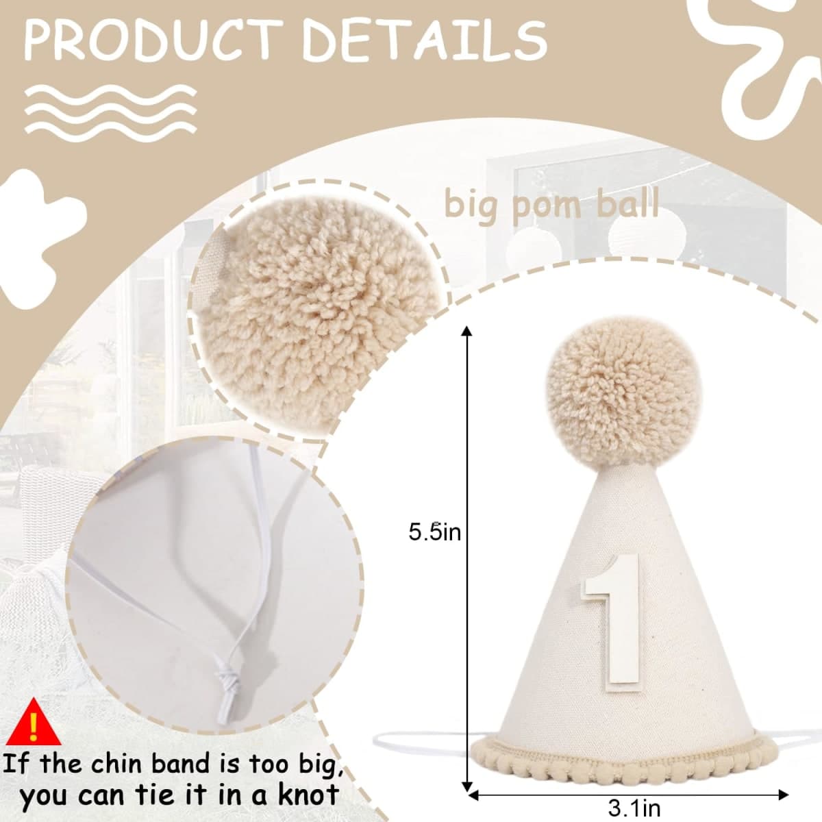 PATRDIO Boho First Birthday Celebration Hat - Natural 1st Birthday Boho Decorations,Celebration Cake Smash Photo Prop (beige) thumbnail 2