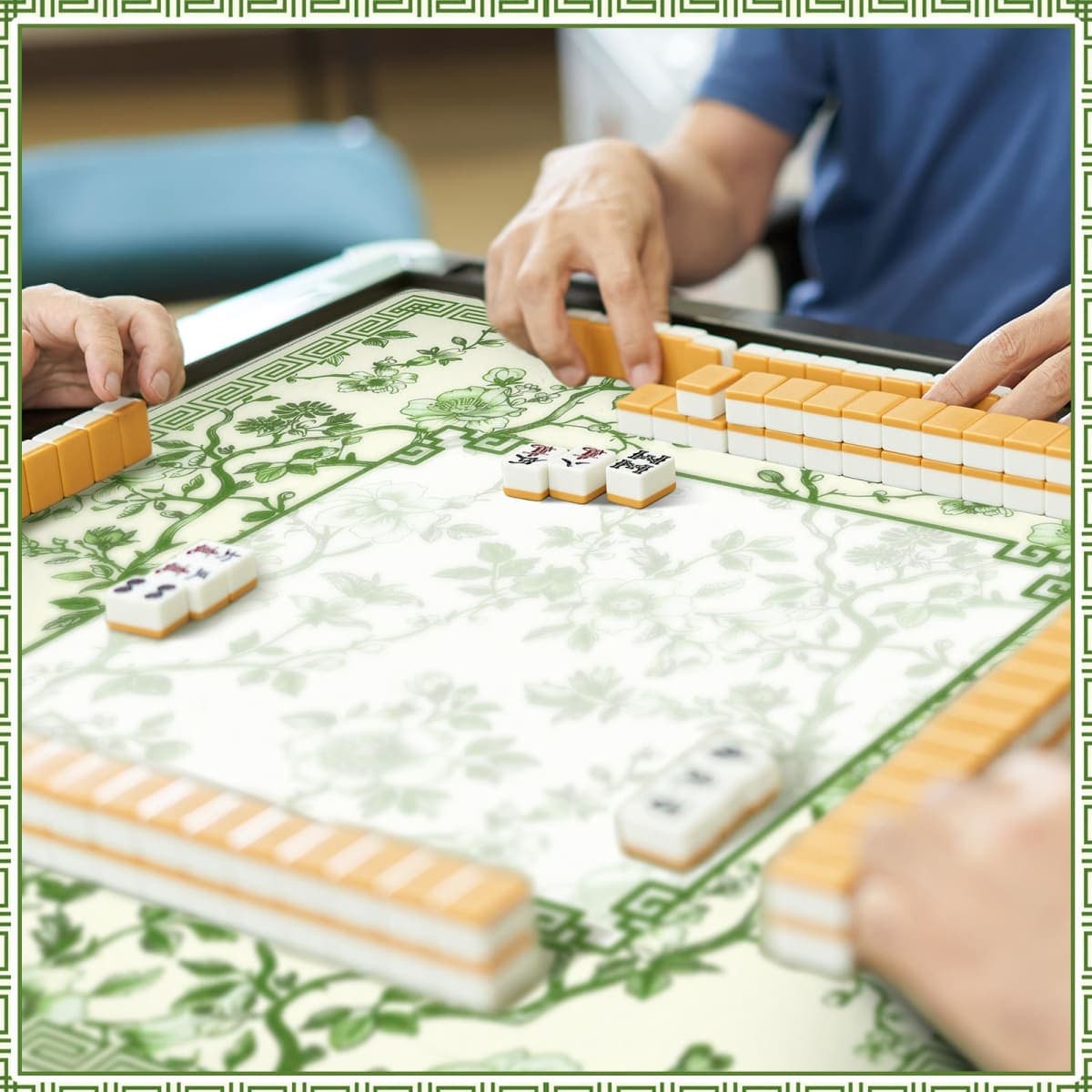 Sonwyoung 22 Inch Mini Chinoiserie Mahjong Mat for Travel Set Green and White Floral Mahjong Mat Cute Small Domino Accessories Gifts Domino and Tile Game Table thumbnail 3