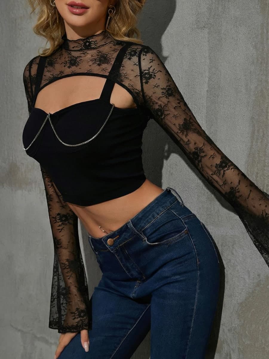 JOKELAMB Women Lace Bolero Shrug See Through Floral Cardigan Sheer Mesh Cropped Y2K Going Out Tops, Black-013, X-Large thumbnail 5