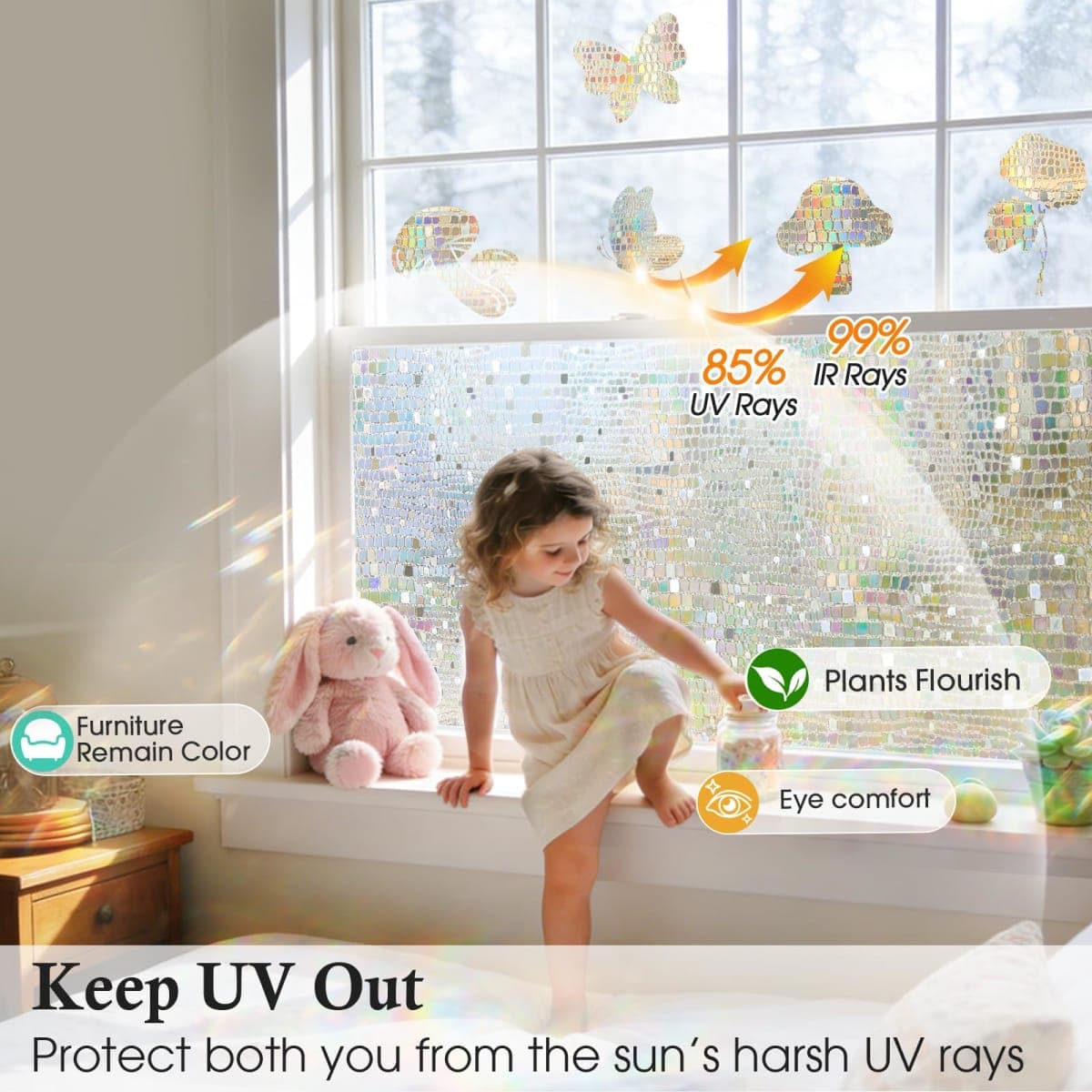 Windimiley Window Privacy Film Rainbow: 3D Stained Glass Windows Clings Decorative Prism Holographic Static Decals Removable Home Window Tint Heat Blocking Bathroom Door Coverings (17.5x78.7In, Pure) thumbnail 4