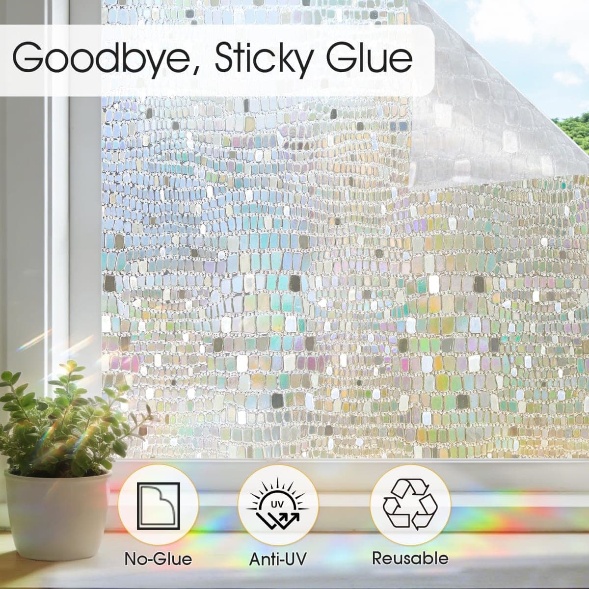 Windimiley Window Privacy Film Rainbow: 3D Stained Glass Windows Clings Decorative Prism Holographic Static Decals Removable Home Window Tint Heat Blocking Bathroom Door Coverings (17.5x78.7In, Pure) thumbnail 5