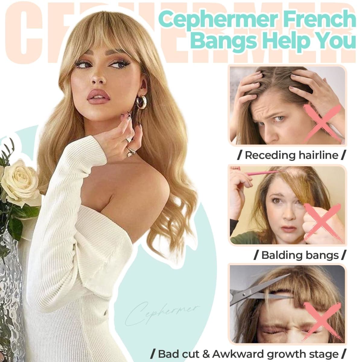 Cephermer Clip in Bangs, Synthetic French Bangs Hair Clip, Fake Bangs Fringe with Temples Hairpieces for Women Natural Curved Hair Extensions for Daily Wear Ash Blonde thumbnail 2
