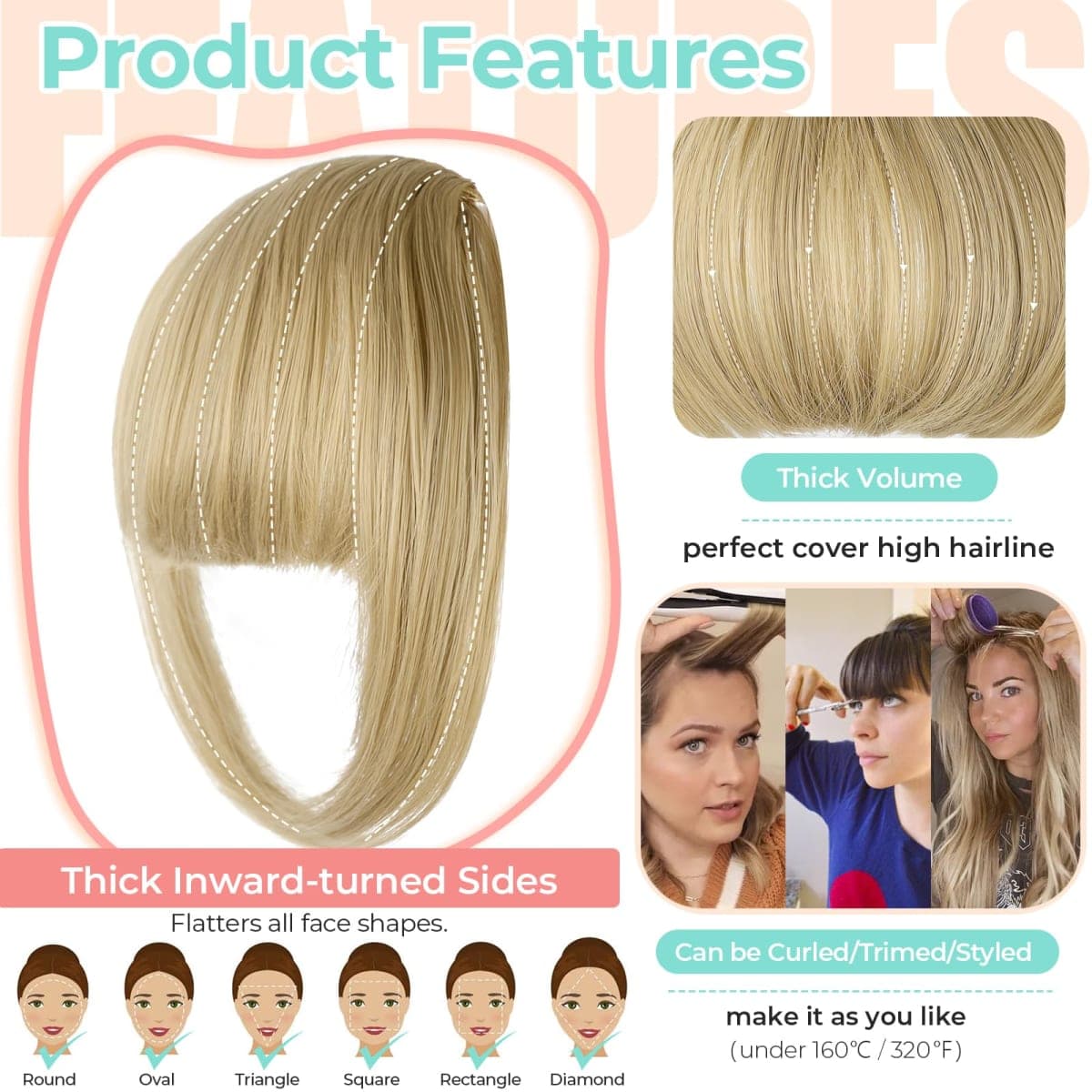 Cephermer Clip in Bangs, Synthetic French Bangs Hair Clip, Fake Bangs Fringe with Temples Hairpieces for Women Natural Curved Hair Extensions for Daily Wear Ash Blonde thumbnail 3