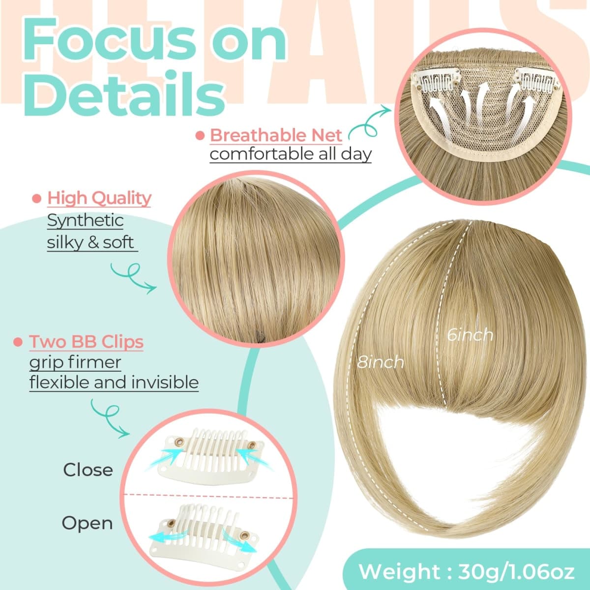 Cephermer Clip in Bangs, Synthetic French Bangs Hair Clip, Fake Bangs Fringe with Temples Hairpieces for Women Natural Curved Hair Extensions for Daily Wear Ash Blonde thumbnail 4