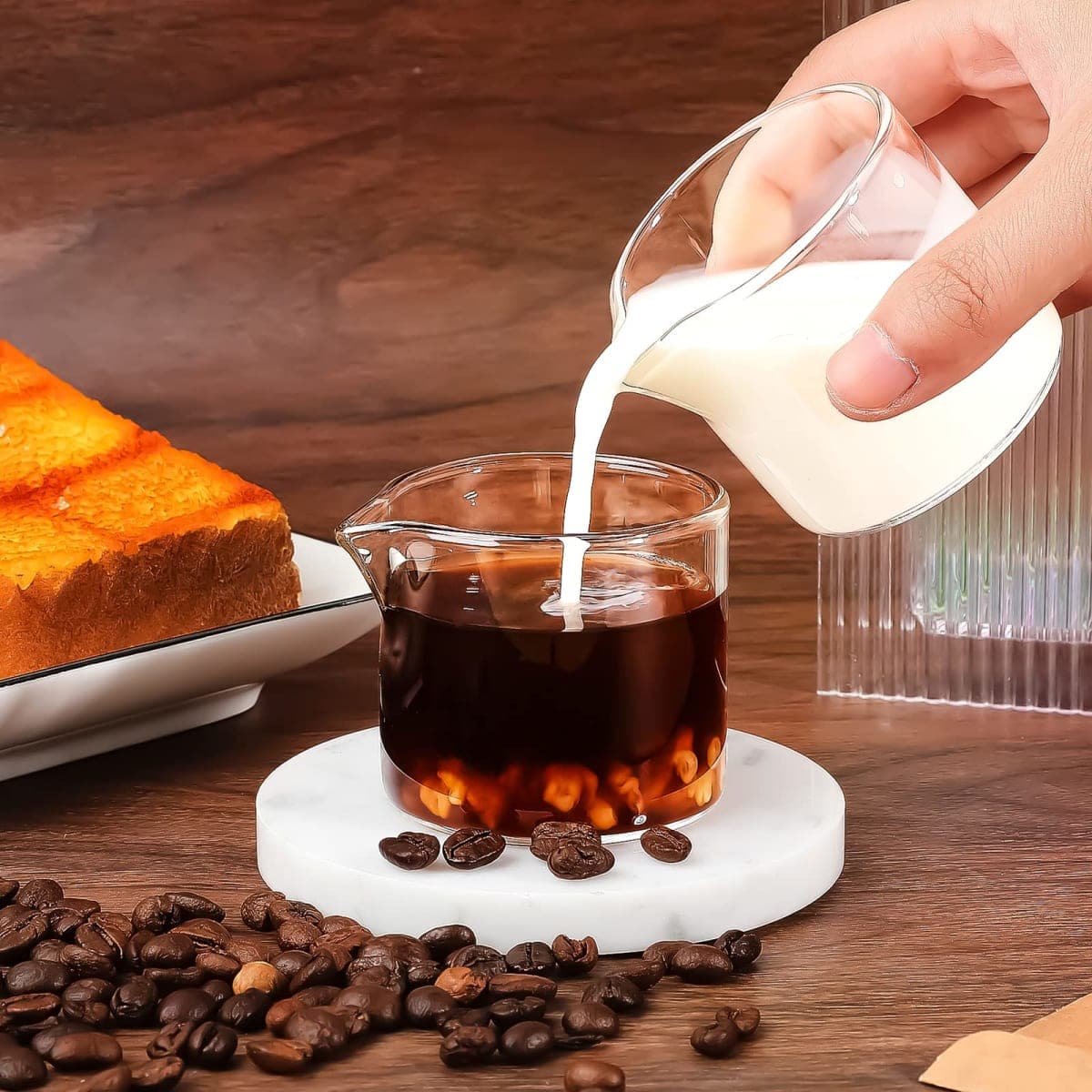 Leinuosen 4 Pcs Small Glass Creamer Pitcher Set Transparent Mini Poured Glass Tea Pitcher, Milk and Coffee Serving Jugs for Tea Milk Coffee(4 oz,No Handle Style) thumbnail 4