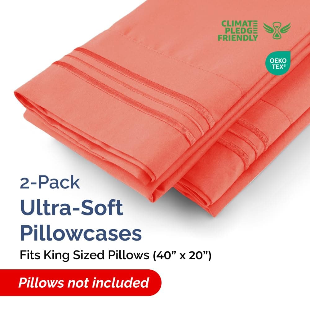 King Pillow Cases Set of 2 - Ultra Soft Hotel Quality Pillowcase Covers - Comfy, Cozy & Wrinkle Free - Shrinkage, Stain and Fade Resistant - Machine Washable Pillow Protectors - 2 Piece Set - Coral thumbnail 2