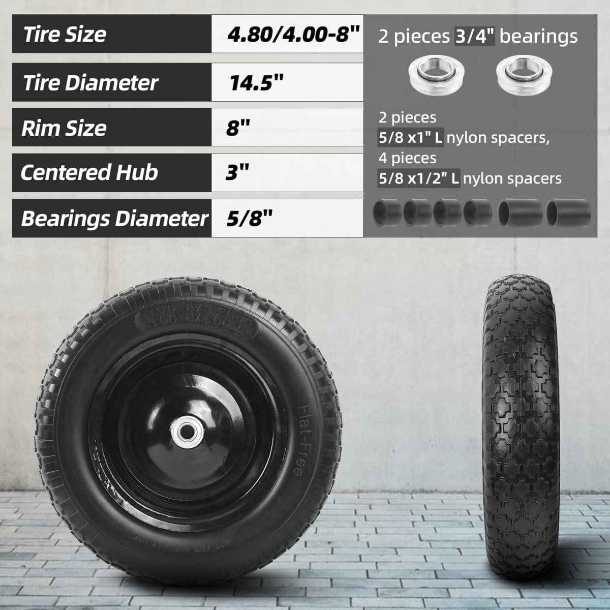AR-PRO 4.80/4.00-8" Flat Free Tire and Wheel - 14.5" Solid Wheelbarrow Tires with 3" -7" Centered Hub and 5/8" Extra 3/4"Bearings - Universal for 4.80-8 4.00-8 4.00-6 3.50/3.00-8 Wheelbarrow Wheels thumbnail 3