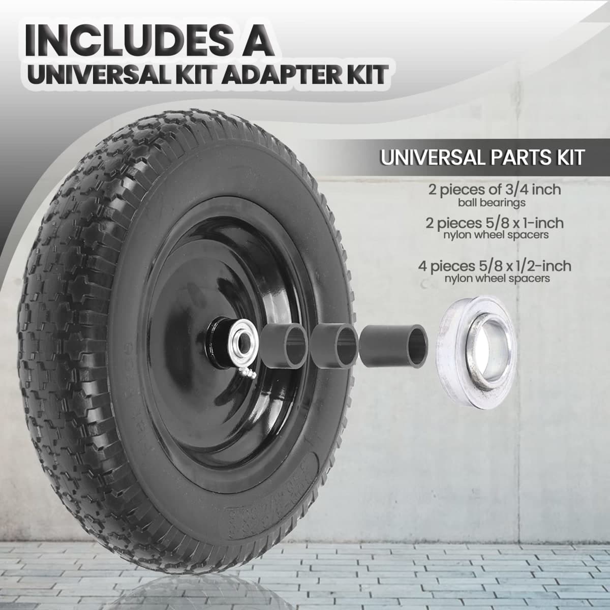 AR-PRO 4.80/4.00-8" Flat Free Tire and Wheel - 14.5" Solid Wheelbarrow Tires with 3" -7" Centered Hub and 5/8" Extra 3/4"Bearings - Universal for 4.80-8 4.00-8 4.00-6 3.50/3.00-8 Wheelbarrow Wheels thumbnail 4