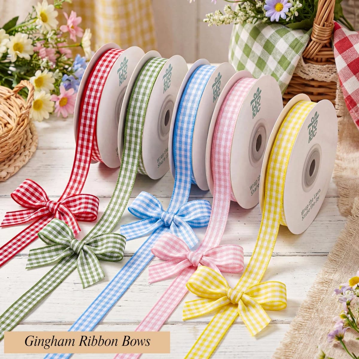 woric 5 Color Gingham Ribbon 3/8" X 50 Yd Plaid Ribbons Craft Ribbons Buffalo Checker Ribbon for Crafts Picnic Decor Sewing Projects Hair Bows Baby Shower Birthday Gift Wrapping thumbnail 4