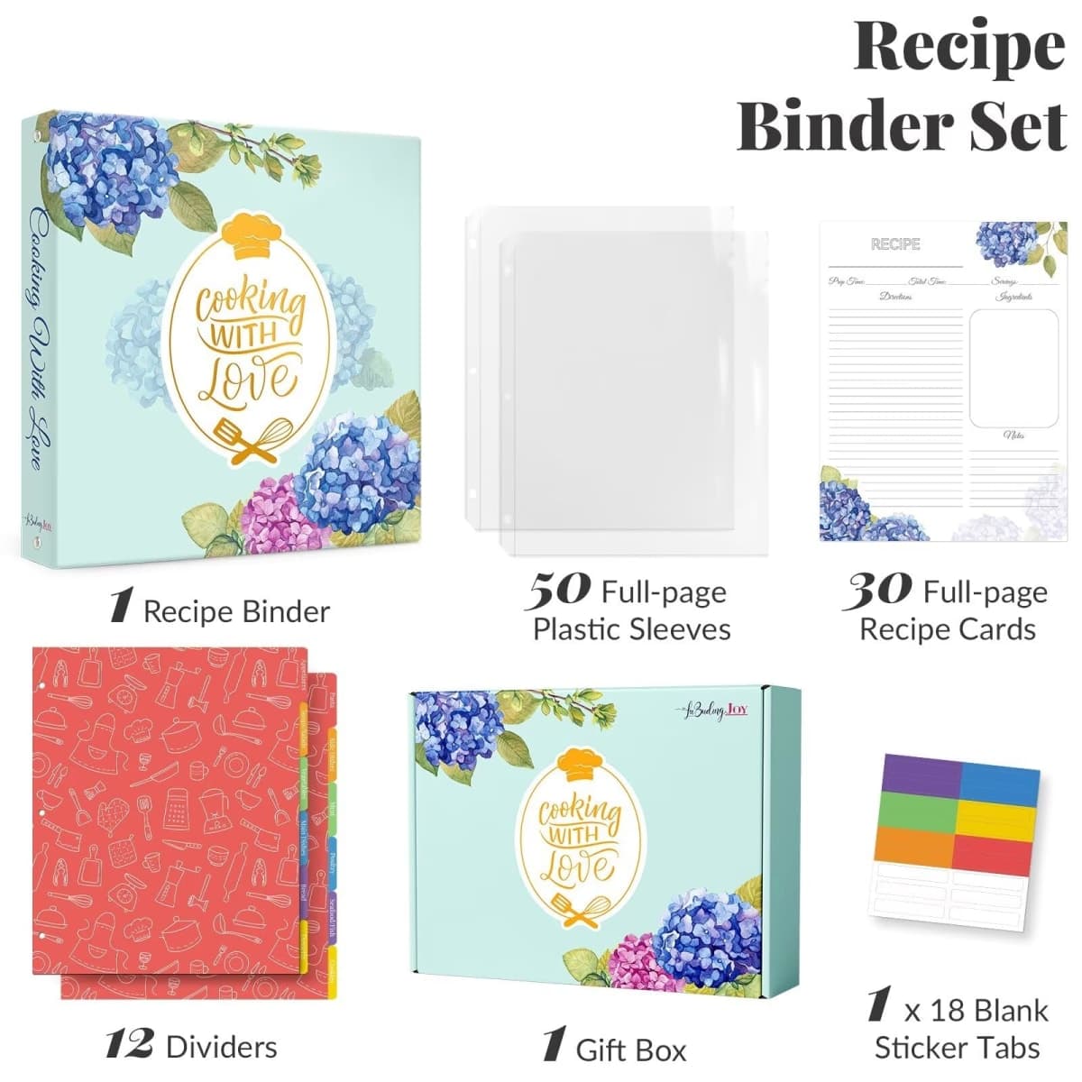 Recipe Binder with Plastic Sleeves, Full Page Cards and Dividers, Recipe Binder 8.5x11 3 Ring, Blank Recipe Book Binder to Write in Your Own Recipes (Blue Hydrangea) thumbnail 2