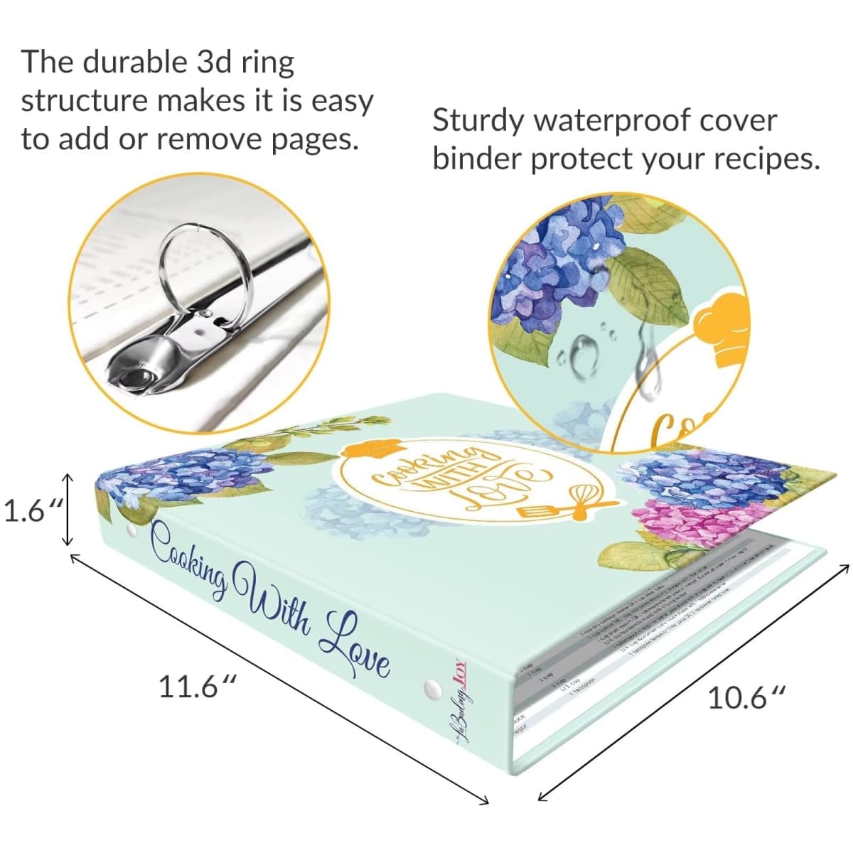 Recipe Binder with Plastic Sleeves, Full Page Cards and Dividers, Recipe Binder 8.5x11 3 Ring, Blank Recipe Book Binder to Write in Your Own Recipes (Blue Hydrangea) thumbnail 3