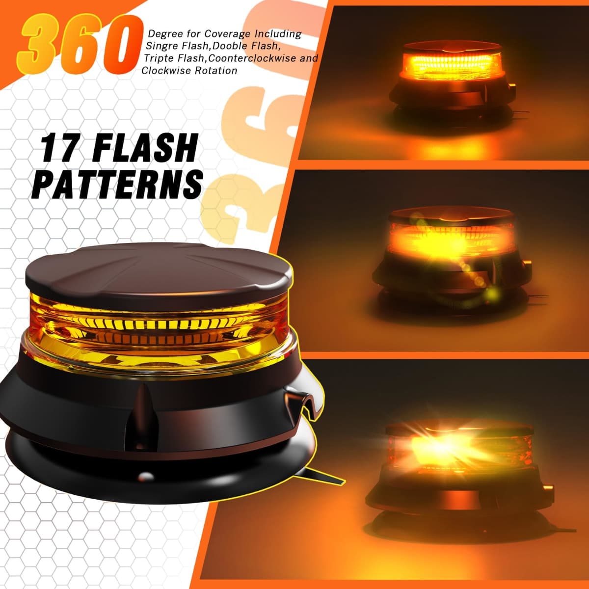 WINECO LED Amber Strobe Beacon Lights, Safety Warning Emergency Hazard Rotating Flashing Lights for Forklift Truck, Tractor, Golf Carts, ATV, Postal Car, 12-24V Magnetic Base and Permanent Mount thumbnail 3