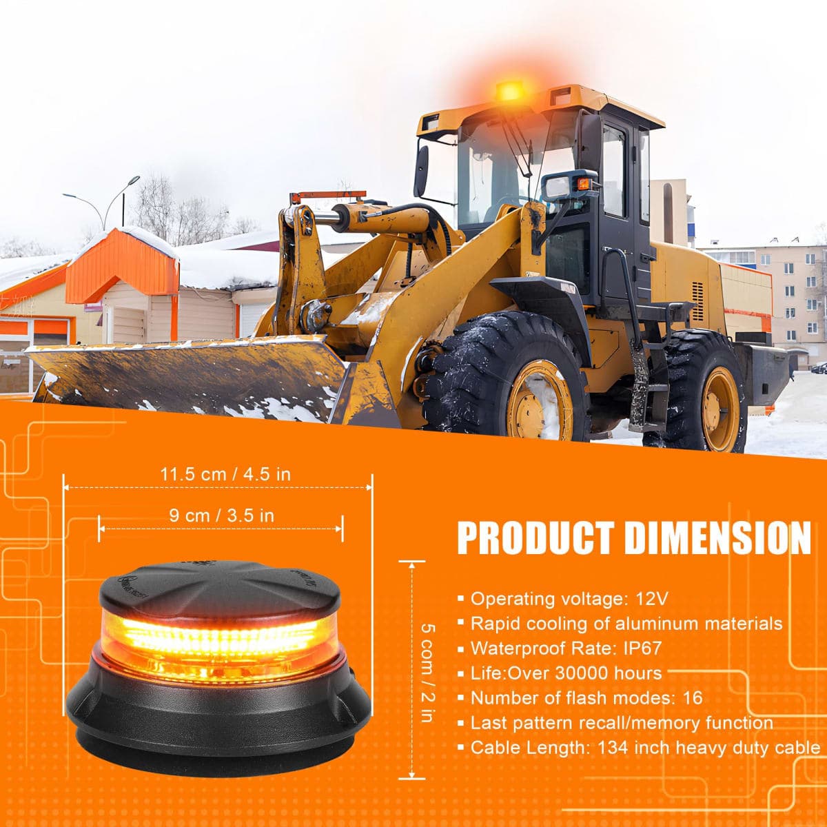 WINECO LED Amber Strobe Beacon Lights, Safety Warning Emergency Hazard Rotating Flashing Lights for Forklift Truck, Tractor, Golf Carts, ATV, Postal Car, 12-24V Magnetic Base and Permanent Mount thumbnail 4