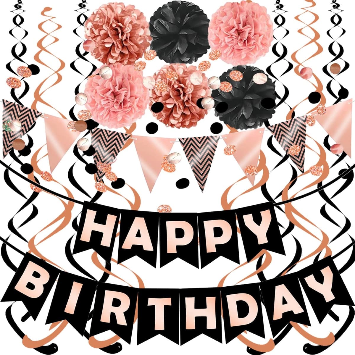 FECEDY Rose Gold Black Theme Happy Birthday Banner Flag Bunting Paper Circle Confetti Garland Swirl Streamers Honeycomb Ball for Birthday Party Decoration — image 1