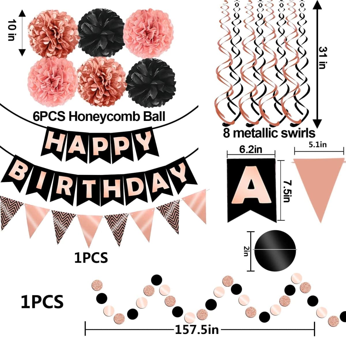 FECEDY Rose Gold Black Theme Happy Birthday Banner Flag Bunting Paper Circle Confetti Garland Swirl Streamers Honeycomb Ball for Birthday Party Decoration thumbnail 2