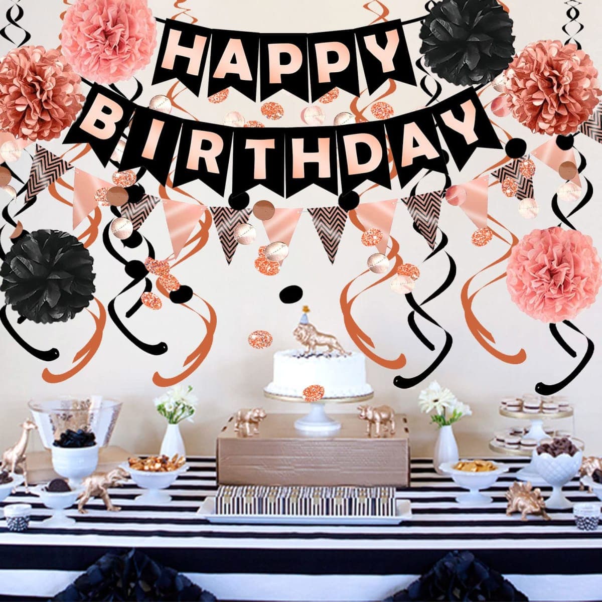 FECEDY Rose Gold Black Theme Happy Birthday Banner Flag Bunting Paper Circle Confetti Garland Swirl Streamers Honeycomb Ball for Birthday Party Decoration thumbnail 3