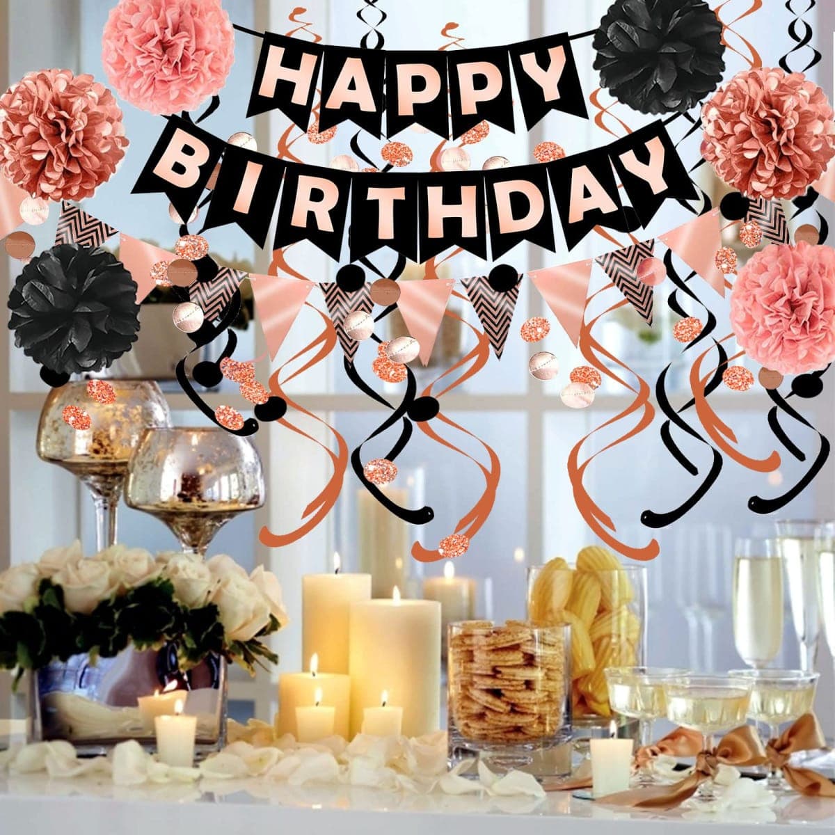 FECEDY Rose Gold Black Theme Happy Birthday Banner Flag Bunting Paper Circle Confetti Garland Swirl Streamers Honeycomb Ball for Birthday Party Decoration thumbnail 4