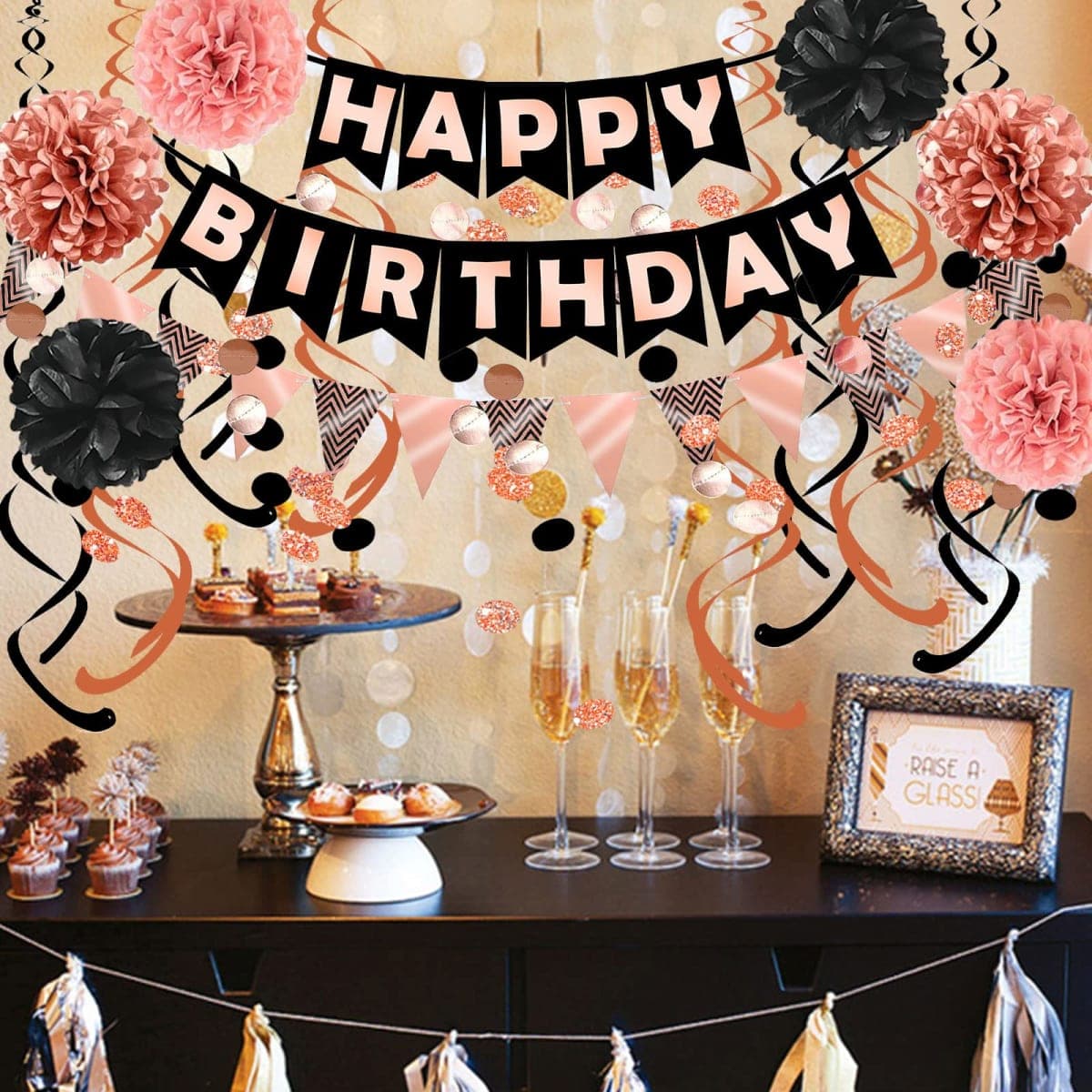 FECEDY Rose Gold Black Theme Happy Birthday Banner Flag Bunting Paper Circle Confetti Garland Swirl Streamers Honeycomb Ball for Birthday Party Decoration thumbnail 5