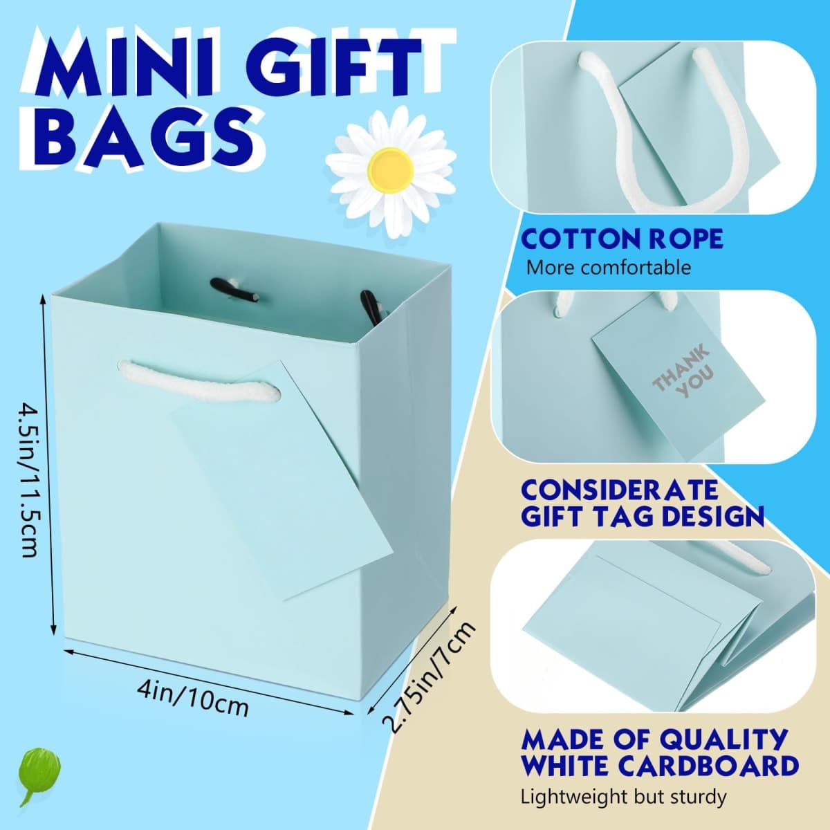 50 Pack Mini Gift Bags Bulk 4 x 2.75 x 4.5 Inch Tiny Paper Gift Bags with Handles and Tags Extra Small Paper Container for Birthday Party Favors Wedding Baby Shower Small Business(Blue Series) thumbnail 2