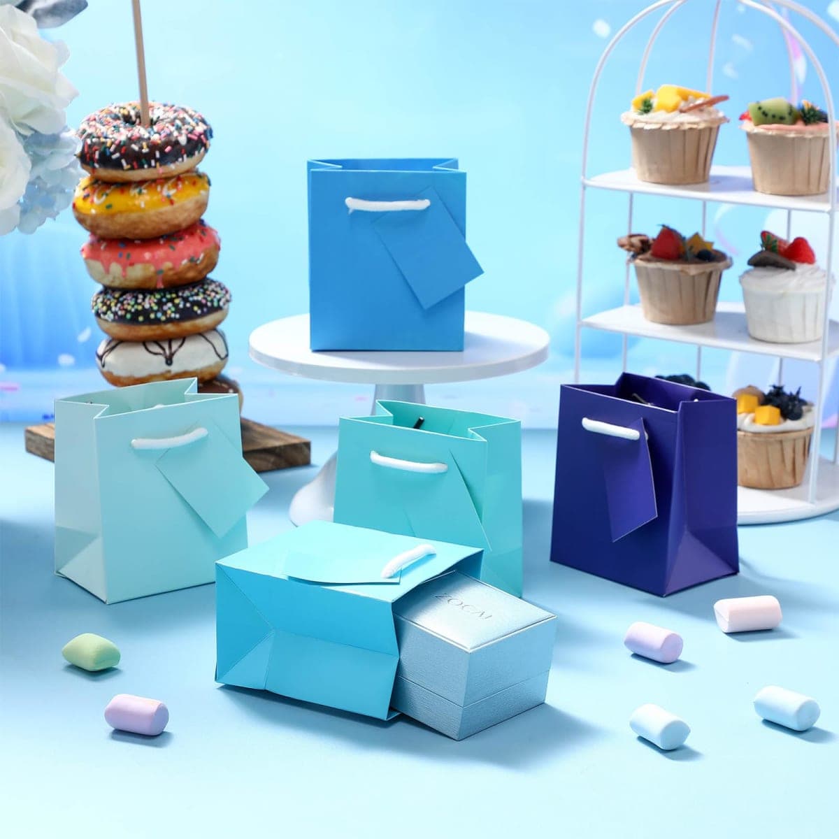 50 Pack Mini Gift Bags Bulk 4 x 2.75 x 4.5 Inch Tiny Paper Gift Bags with Handles and Tags Extra Small Paper Container for Birthday Party Favors Wedding Baby Shower Small Business(Blue Series) thumbnail 4