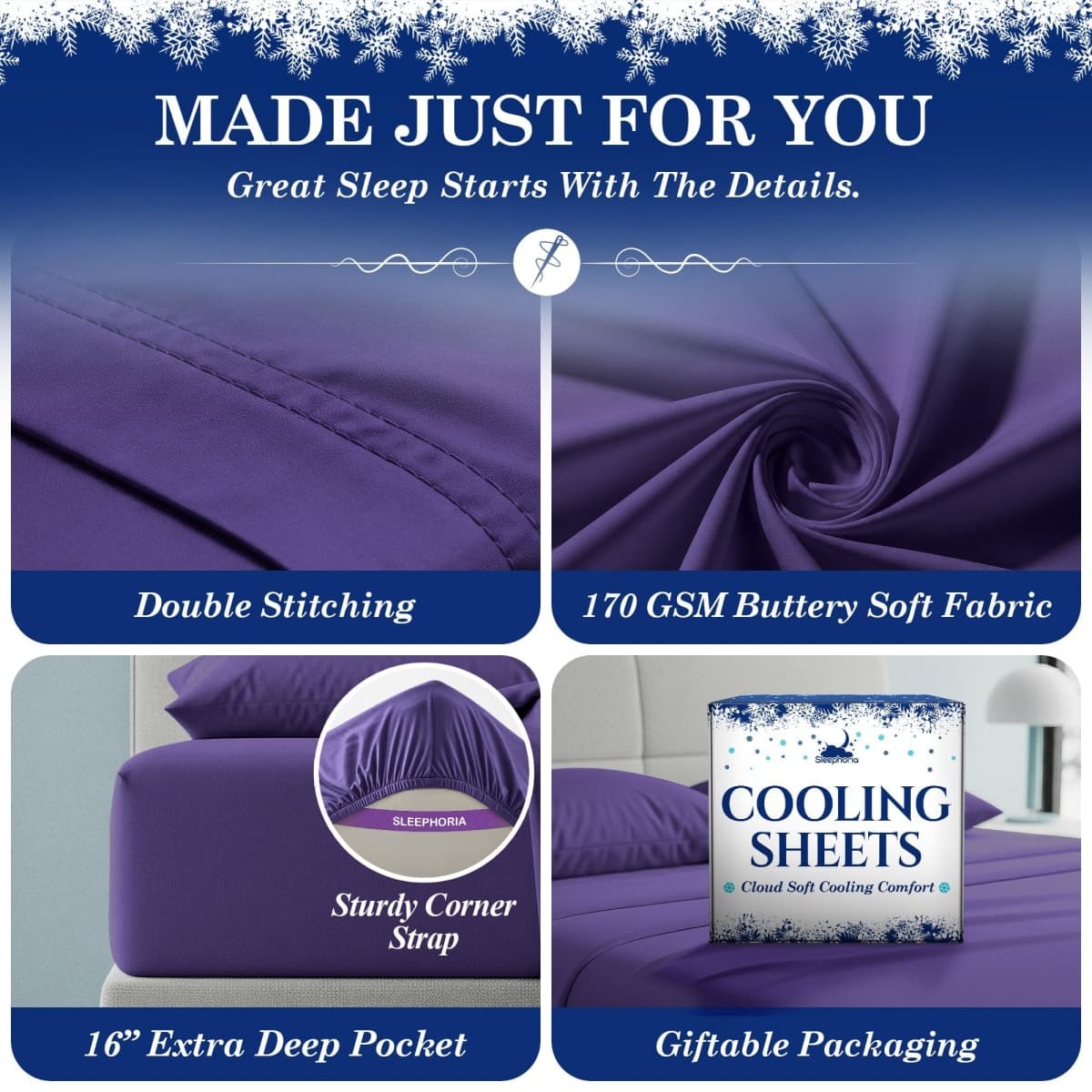 SLEEPHORIA Cooling Sheets Queen Size Bed Set - Temperature Regulating Bedding for Hot Sleepers - Deep Pocket Cooling Bed Sheets Queen for Night Sweats and All-Night Cool Comfort (Regal Purple) thumbnail 4
