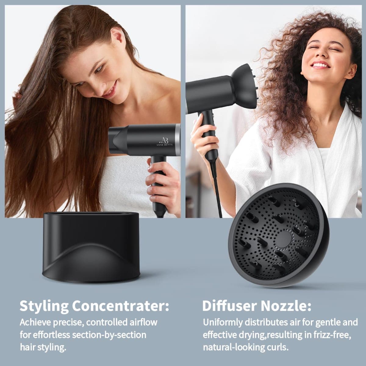 ANNE BETTY Ionic Hair Dryer with Diffuser, 1800W Blow Dryer for Women & Men, Fast-Drying, Lightweight, Low Noise, Hair Care Styling Tool for Home, Travel, Gifting thumbnail 5