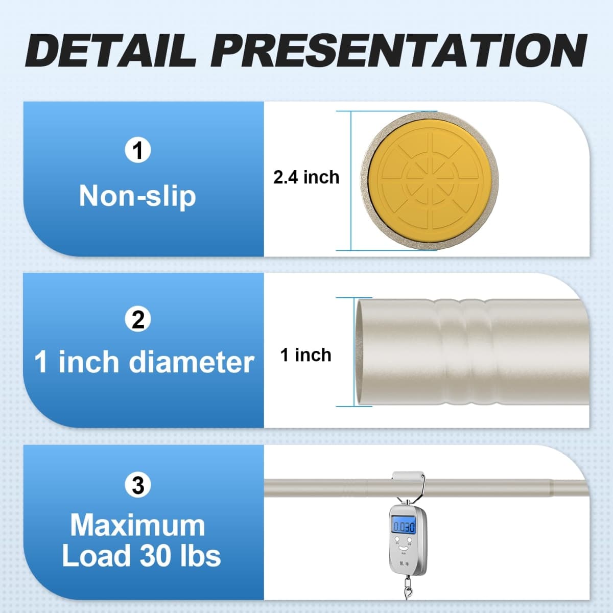 CorkLatta Brushed Nickel Shower Curtain Rod 31 to 80 Inch,1 Inch Diameter Adjustable Spring Tension Stainless Steel Telescoping Rod,Easy Install,No Rust thumbnail 3
